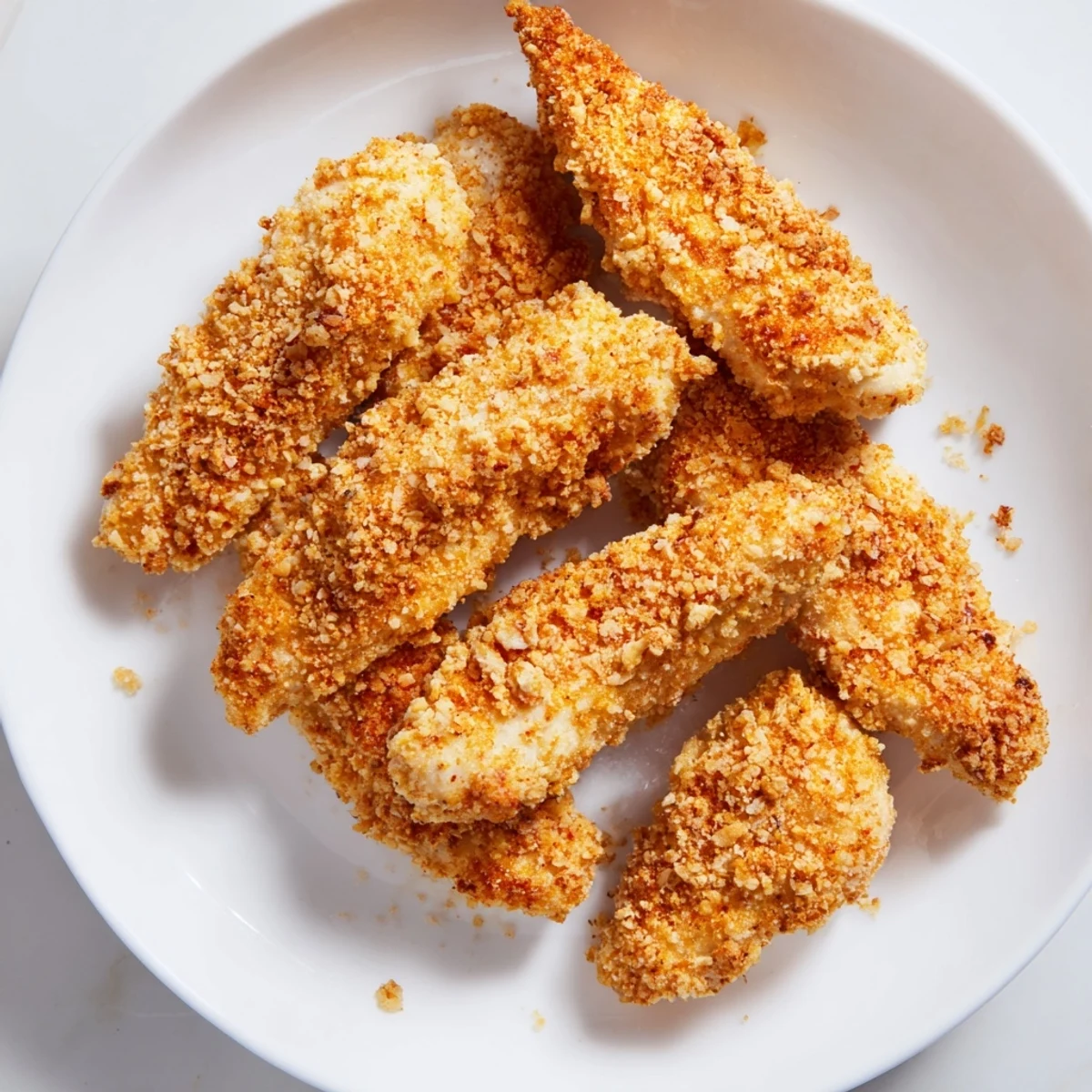 Freshly cooked air-fried chicken tenders glistening on a plate, offering a satisfying crunch.