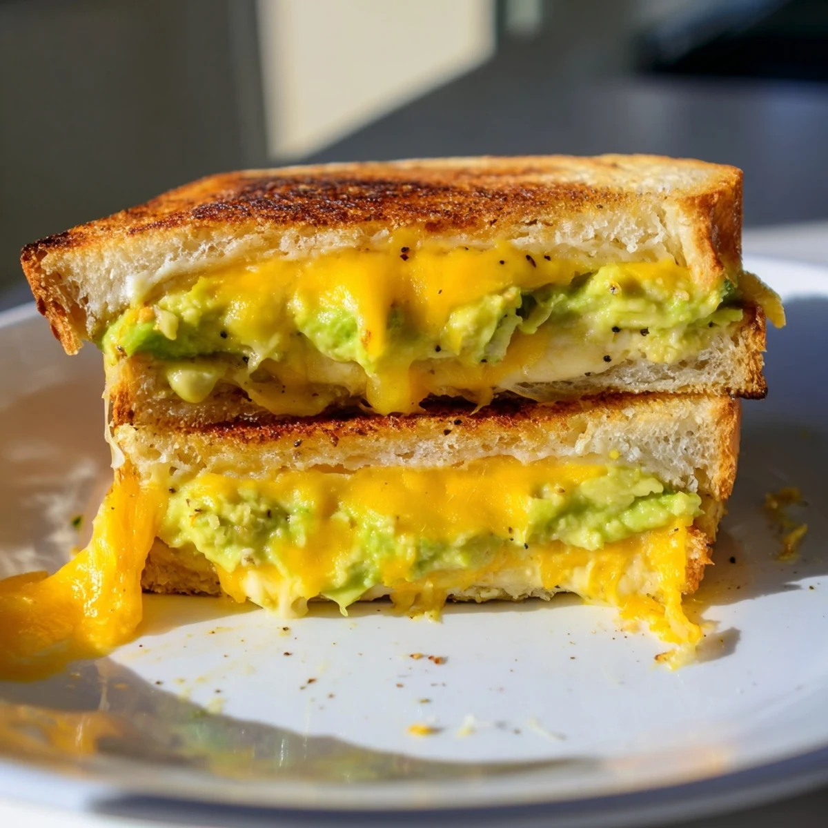 Golden, melty Avocado Toast Grilled Cheese, with creamy avocado and cheddar, ready to eat.