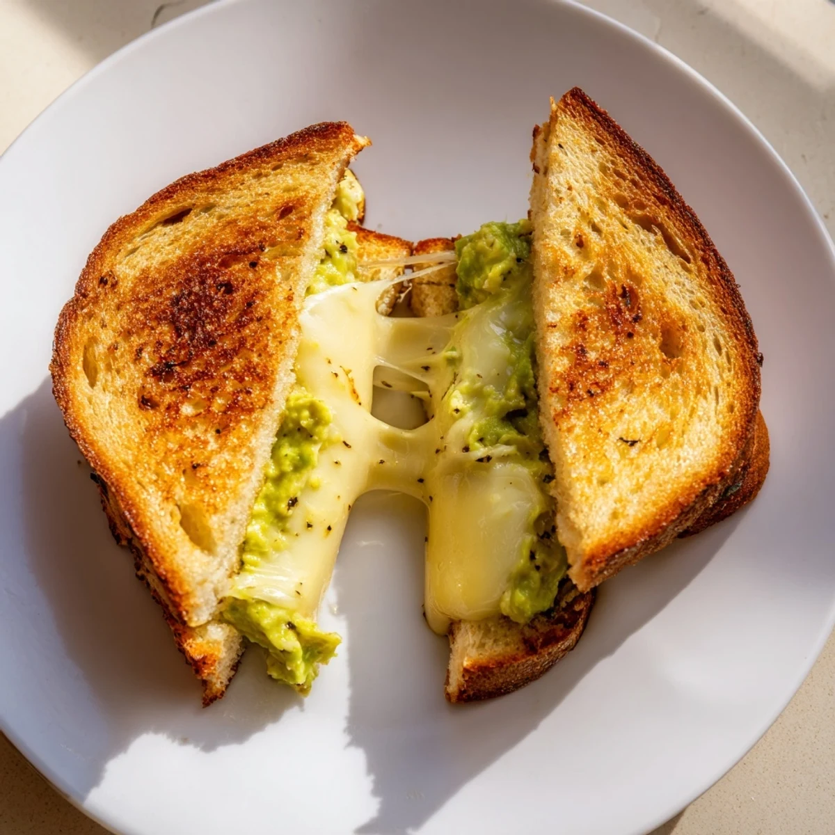 A close-up of a crispy Avocado Toast Grilled Cheese, perfectly grilled with oozing cheese.