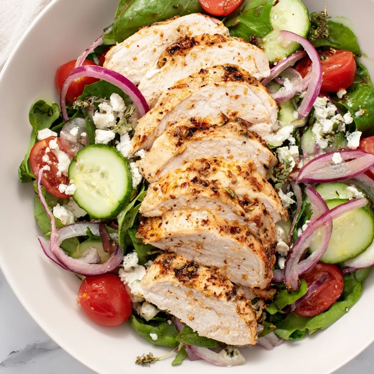 Warm, juicy Quick Pan-Seared Chicken Salad, perfectly cooked and served with ripe tomatoes and red onion.