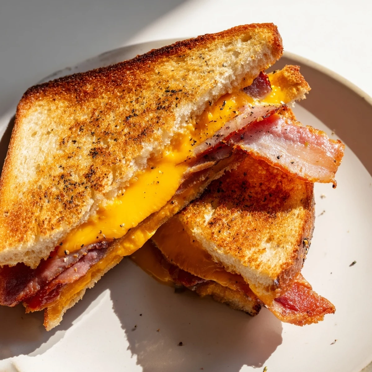 A side angle shot depicts the perfectly grilled Crispy Bacon Cheddar Grilled Cheese, ready to be devoured with its melted cheese.