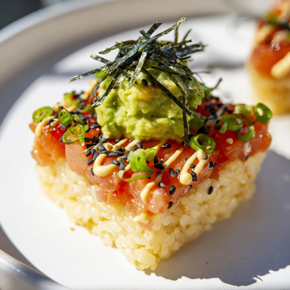 A visually appealing Crispy Rice Salmon Stack with layers of textures like creamy avocado and crispy rice.