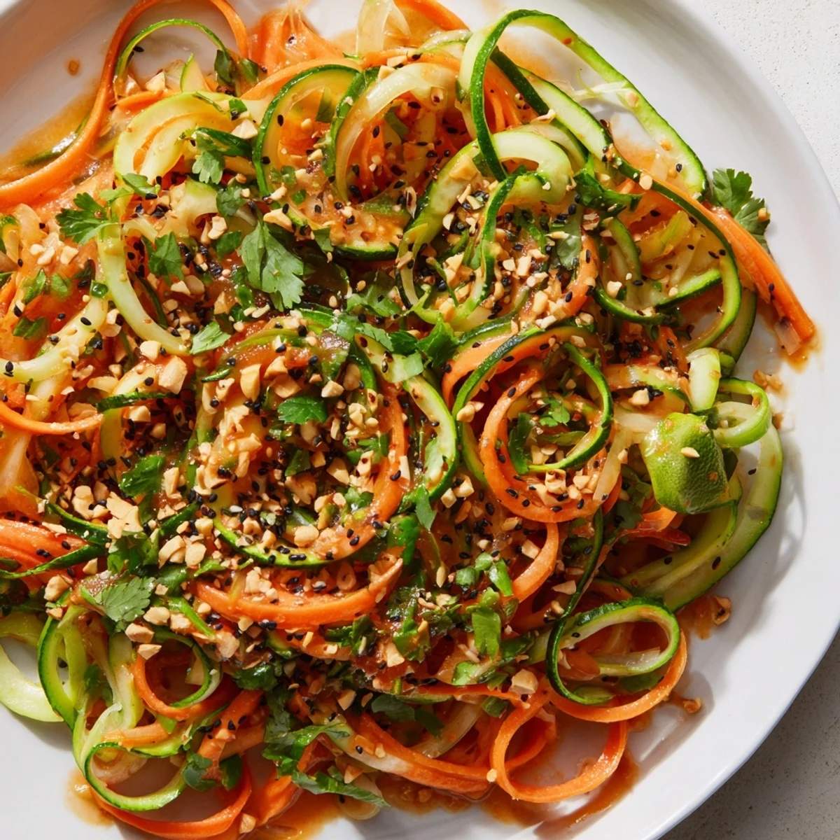 This easy spicy cucumber noodle bowl displays fresh spiralized cucumbers tossed in a flavorful sauce.