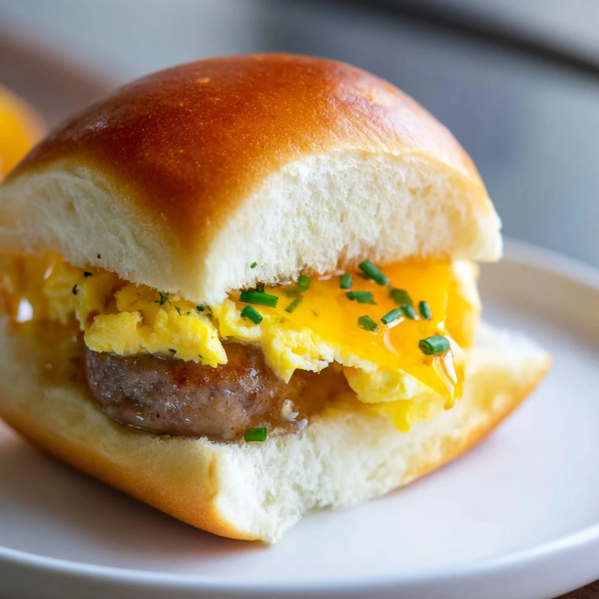 Golden, melted cheddar tops savory sausage and fluffy eggs in these mini breakfast sliders.