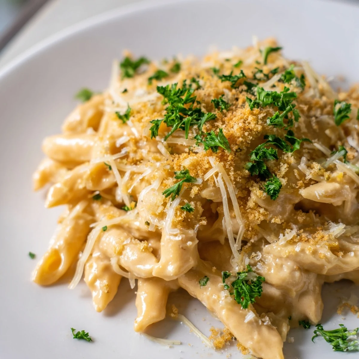 Steaming bowl of high-protein mac & cheese showing the silky, blended cottage cheese sauce.