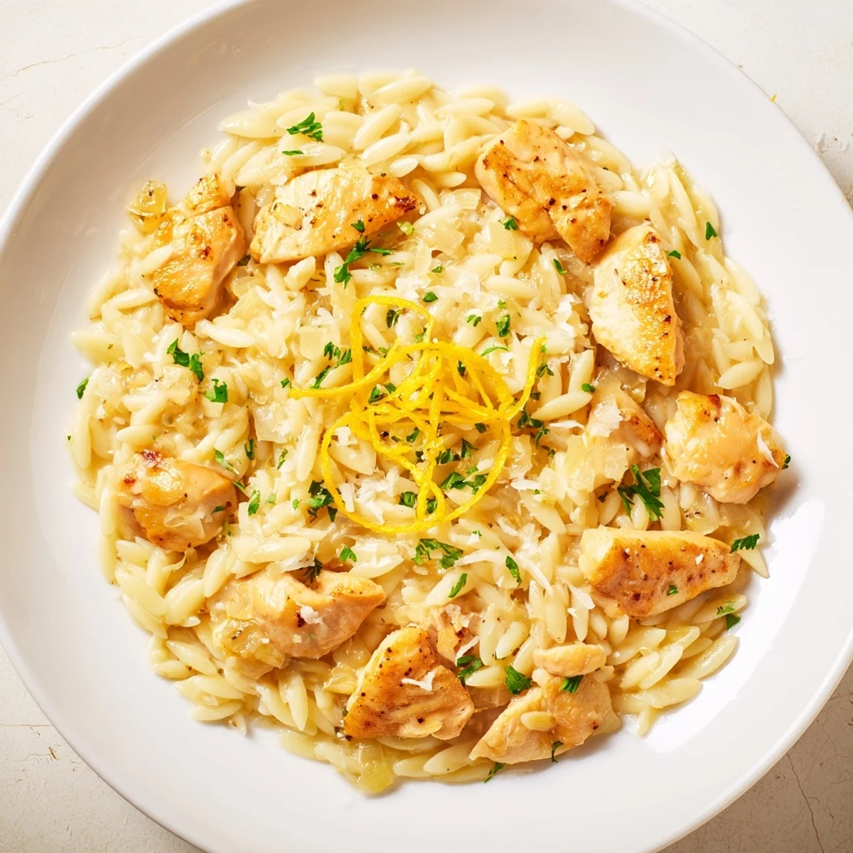 Creamy Lemon Chicken Orzo with tender chicken and bright lemon, a comforting one-pan meal's inviting aroma.