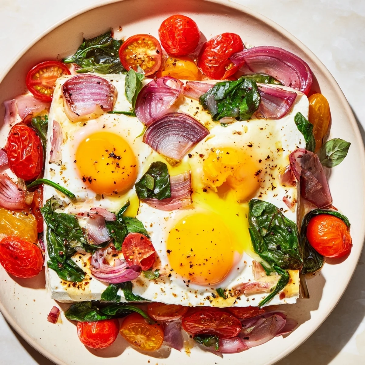 Creamy baked feta eggs with vibrant tomatoes and herbs, a Mediterranean-inspired breakfast.