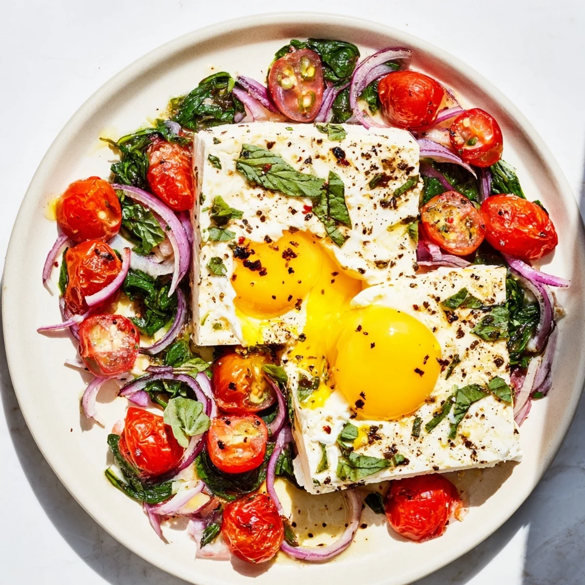 Golden yolks set on top of the baked feta eggs, ready to be scooped with crusty bread.