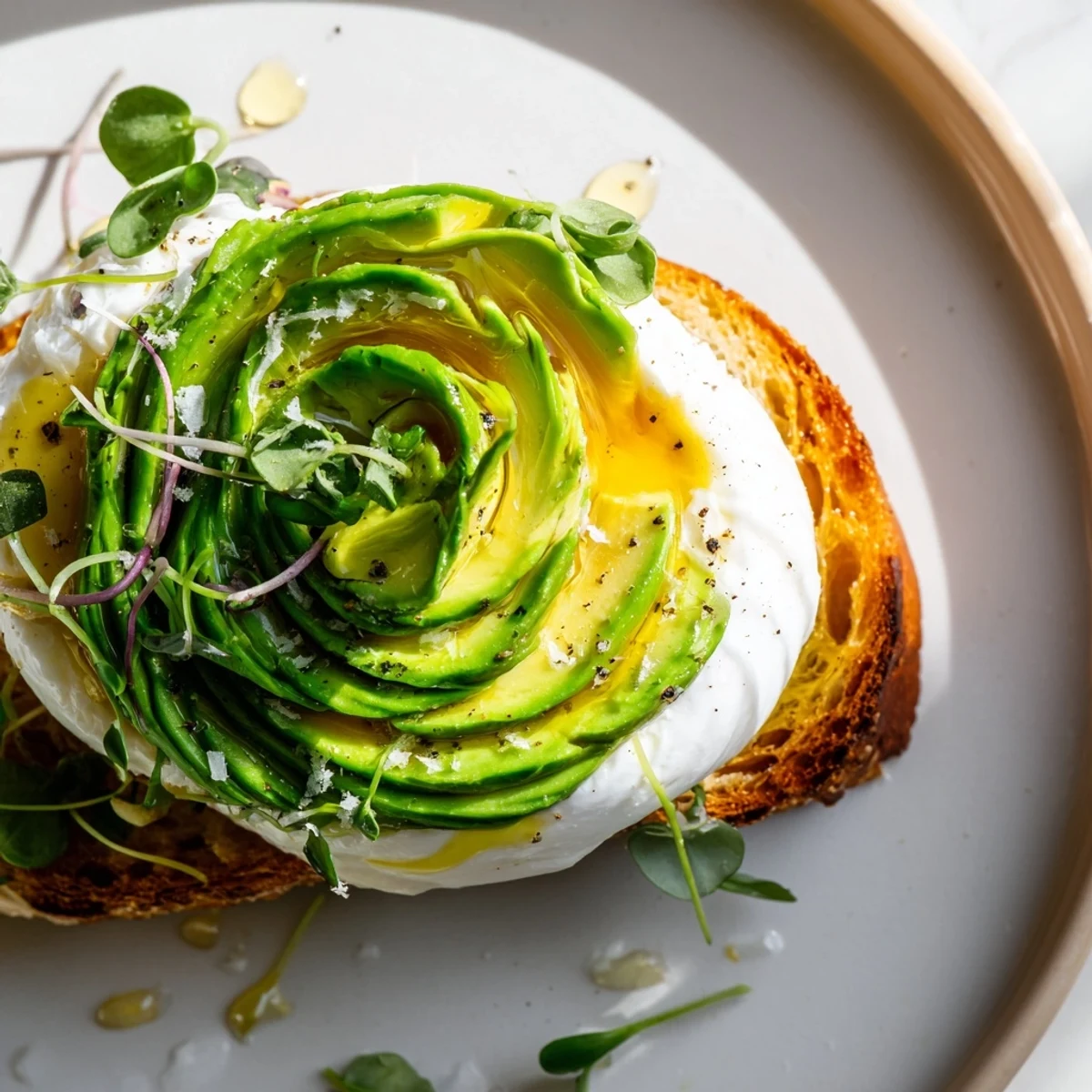 Vibrant cloud toast 2.0 with runny yolks and microgreens – a delicious modern American breakfast.