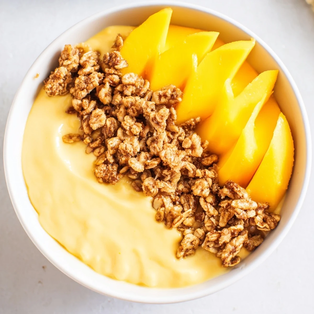 Refreshing mango blended overnight oats, looking smooth and creamy, perfect for a quick breakfast.