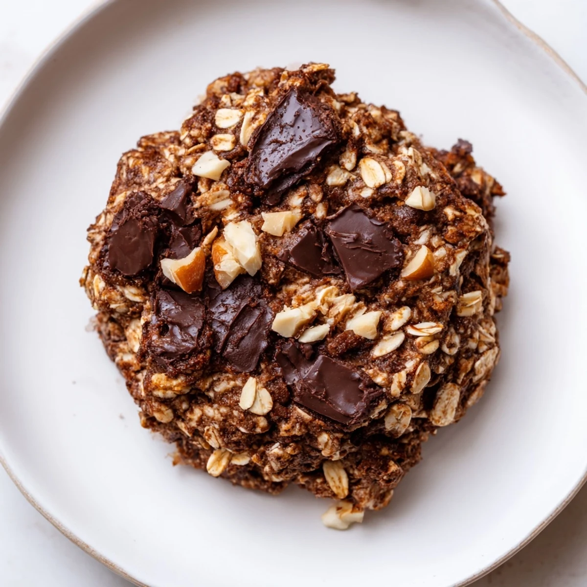 Close-up of a freshly baked chocolate oatmeal breakfast cookie, boasting a rich chocolate aroma and appealing texture.