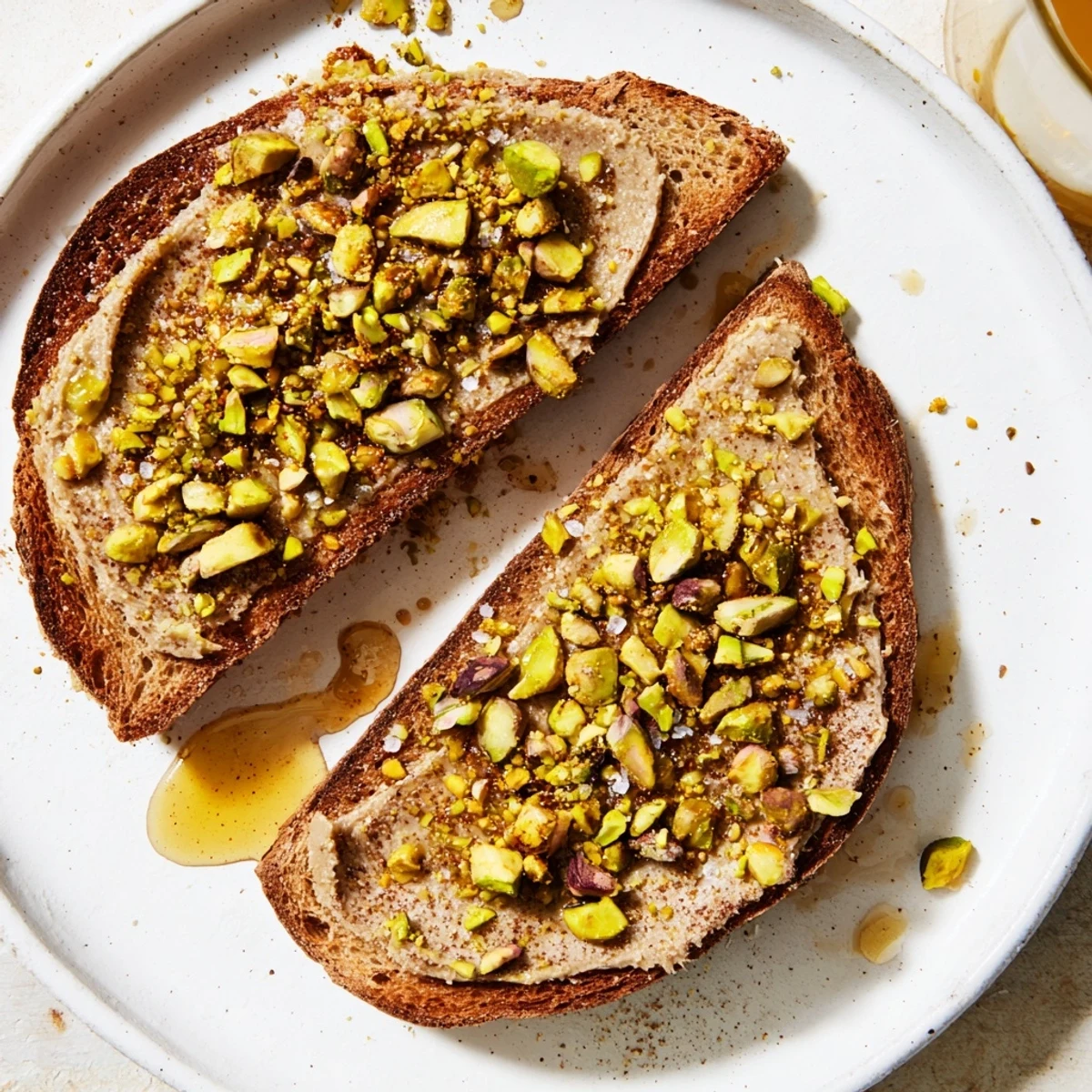 Golden, toasted bread generously topped with creamy pistachio butter for your delicious pistachio butter toast.