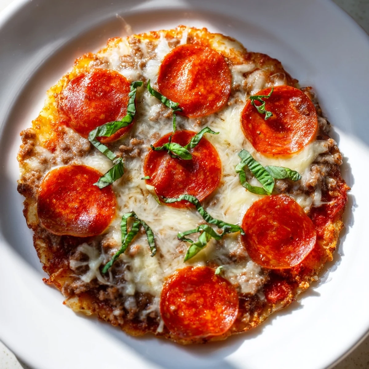 Golden, crispy ground beef pizza base topped with melted mozzarella and sizzling pepperoni; delicious!