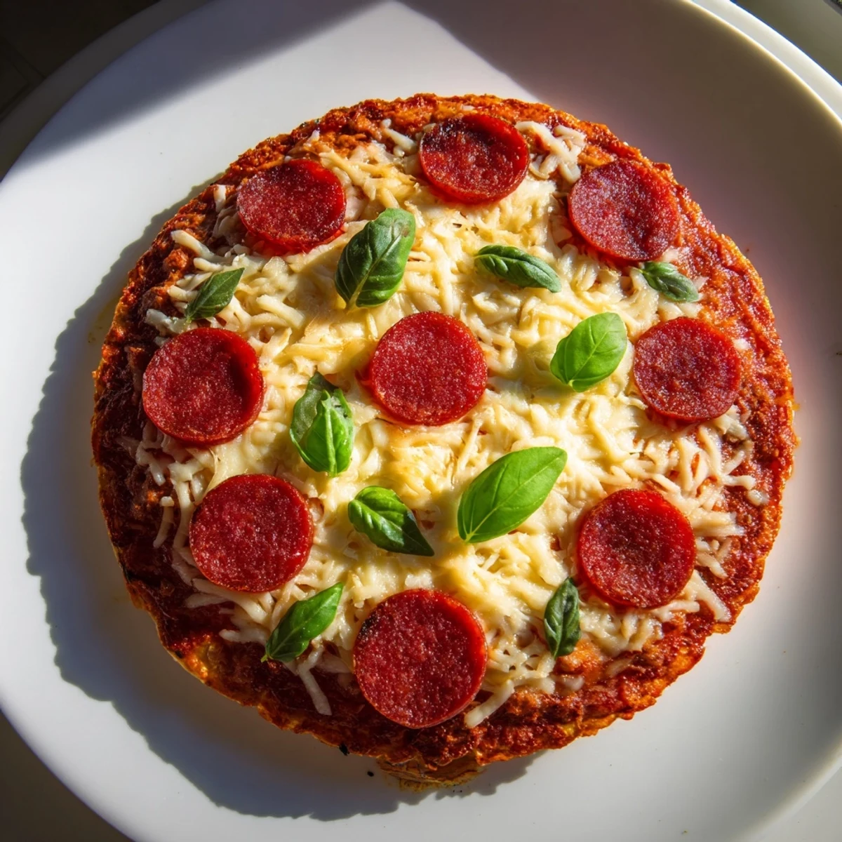 Savory ground beef pizza base, baked to perfection with gooey cheese and perfectly browned pepperoni slices.