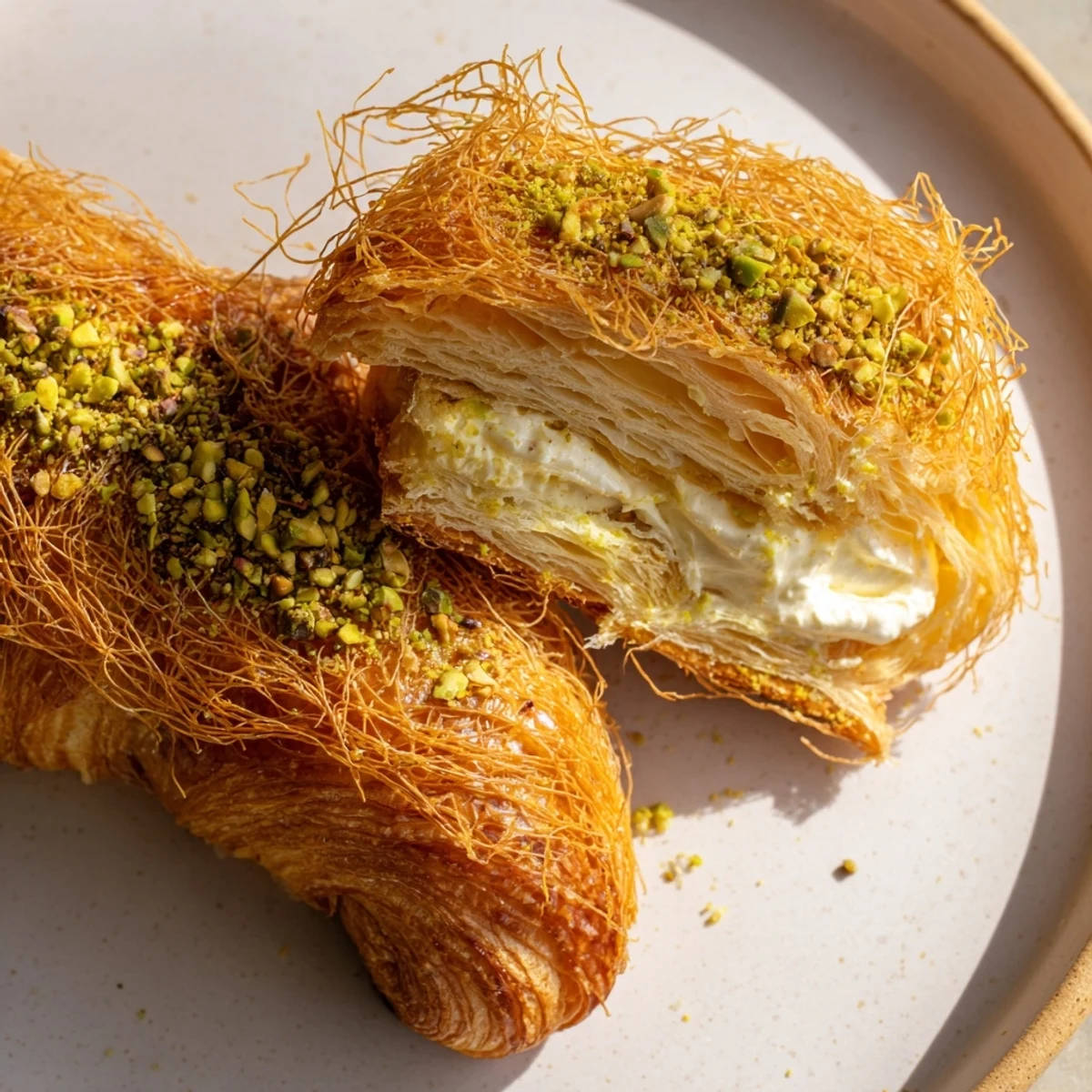 Close-up of toasted golden Pistachio Cream Croissants, with visible pistachio cream bursting forth.