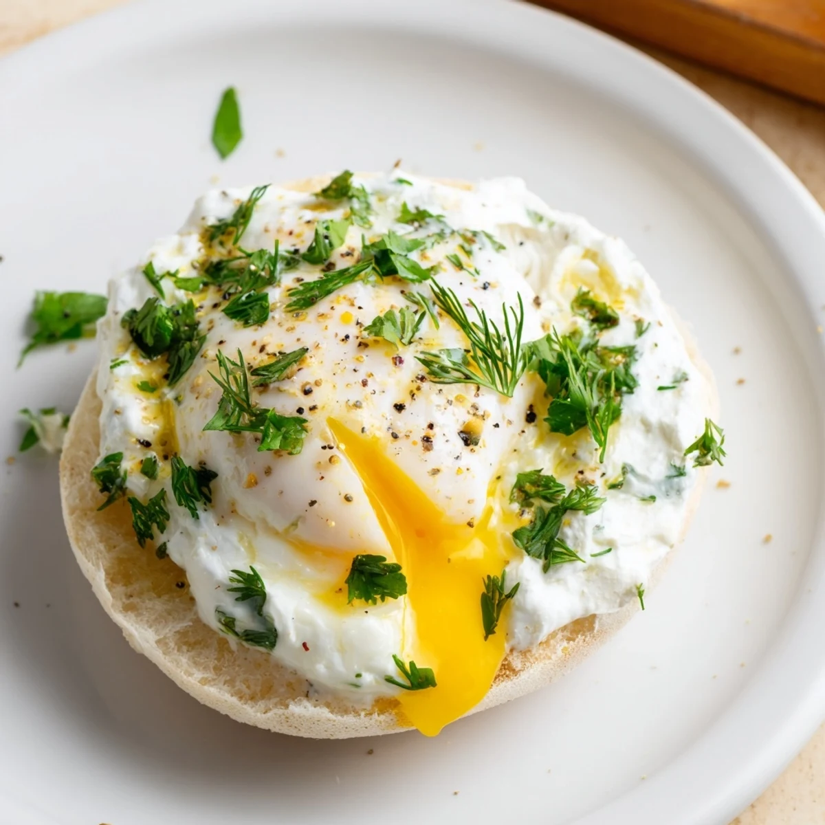 Çılbır Eggs Benedict: creamy poached eggs atop garlicky yogurt and toasted muffins, ready to eat.