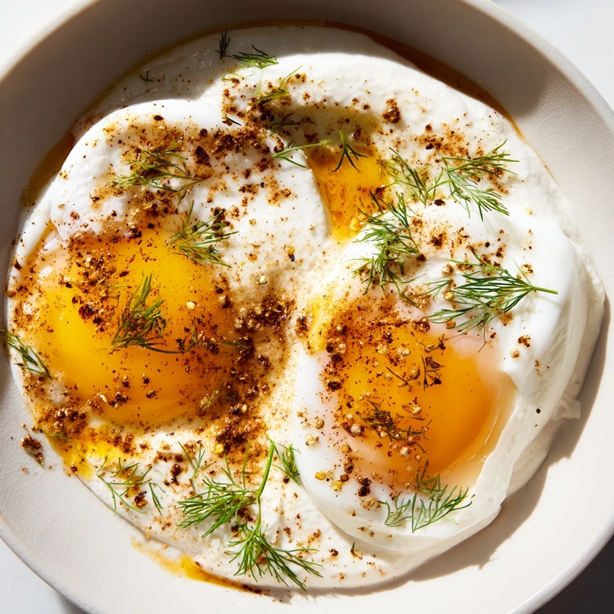 Cilbir: A bright plate displays poached eggs with golden butter, resting on creamy, garlic-infused yogurt.