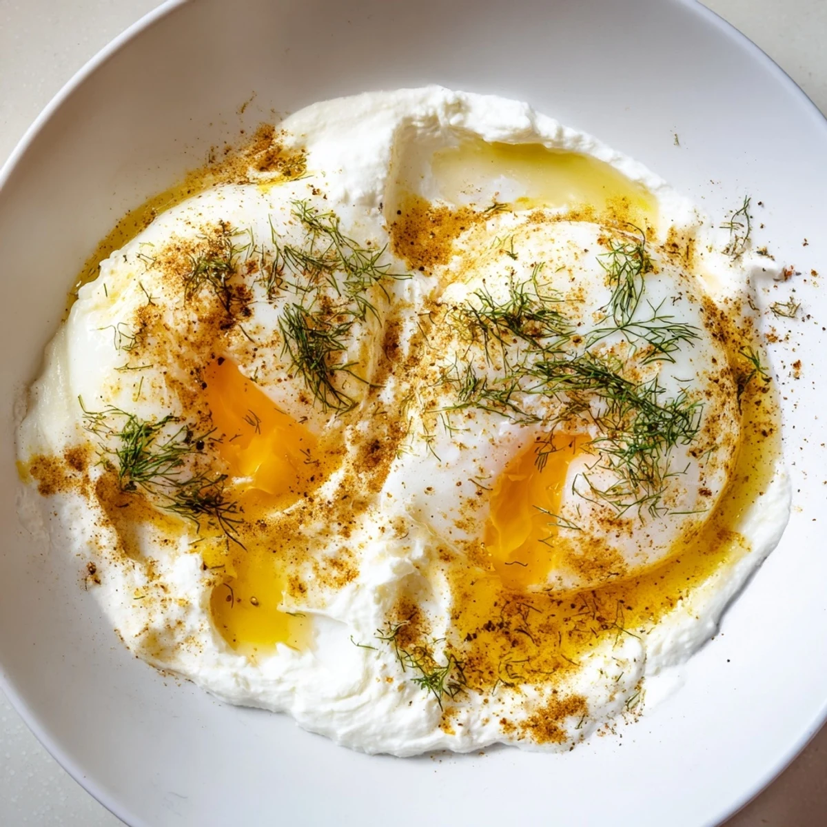 Beautiful Cilbir presentation: Two poached eggs sit atop a bed of garlic yogurt, drizzled with browned butter.
