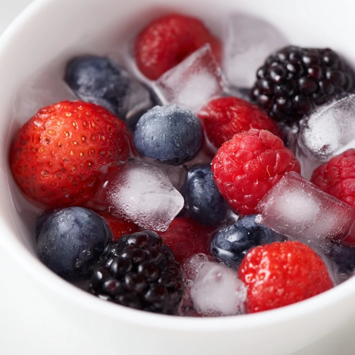 A beautiful Nature's Cereal Bowl, bursting with colorful fresh berries in chilled coconut water.