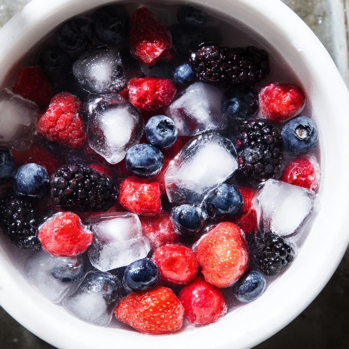 Cool and refreshing Nature's Cereal Bowl, a perfect vegan breakfast with juicy berries floating on ice.