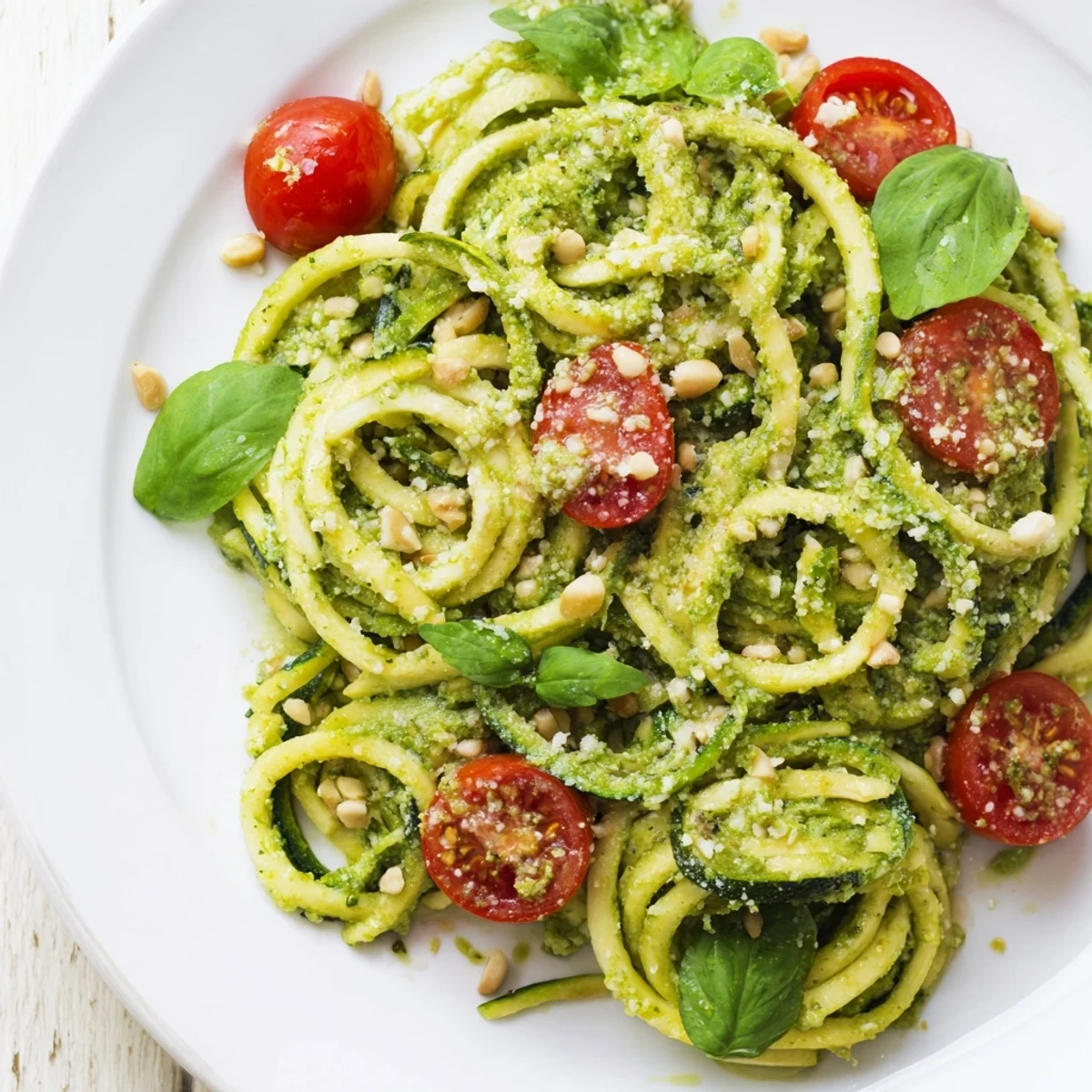 Vibrant Avocado Pesto Zoodles with bright red cherry tomatoes, ready to eat fresh.