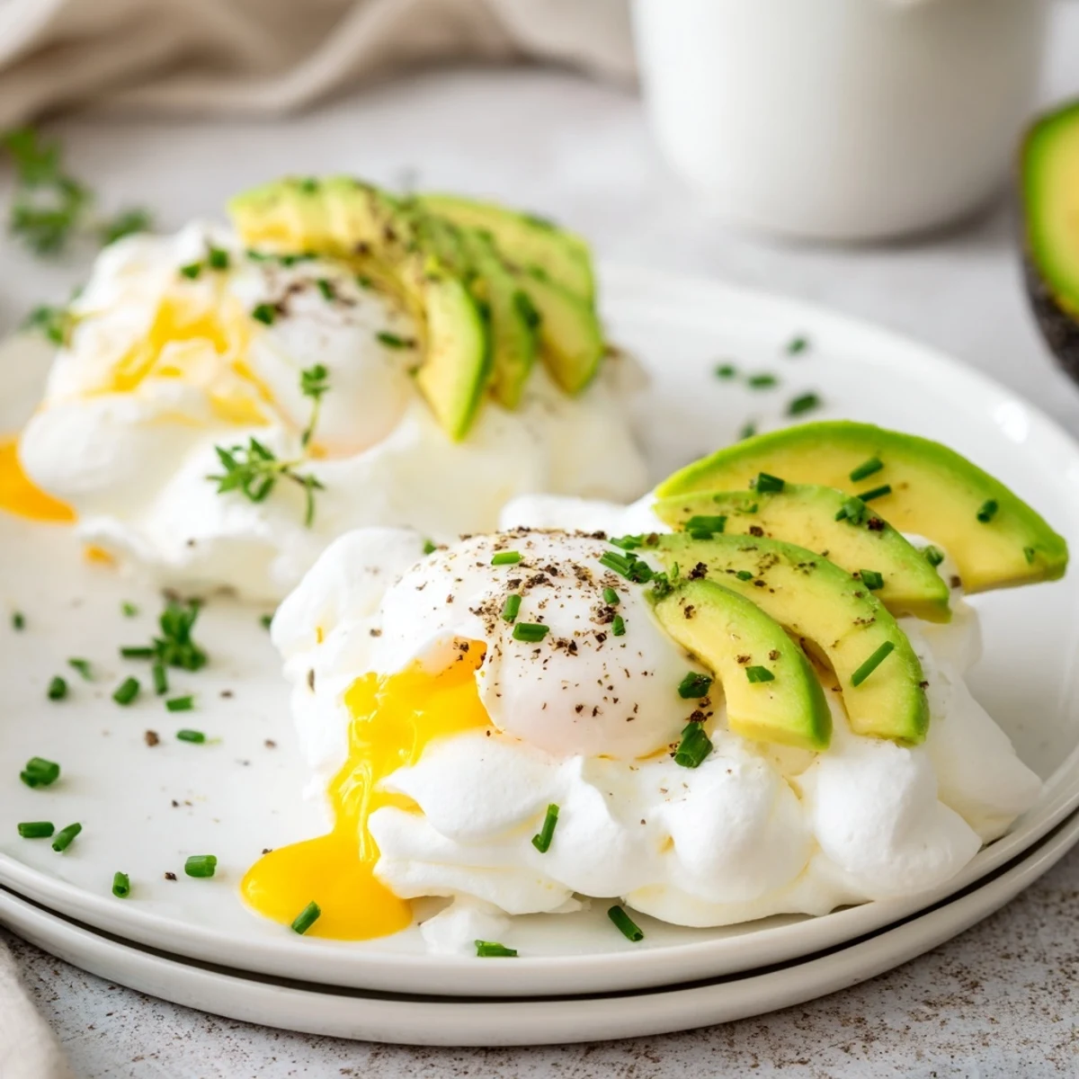 Plate of cloud bread breakfast clouds, a gluten-free breakfast idea with runny egg yolks and savory toppings.