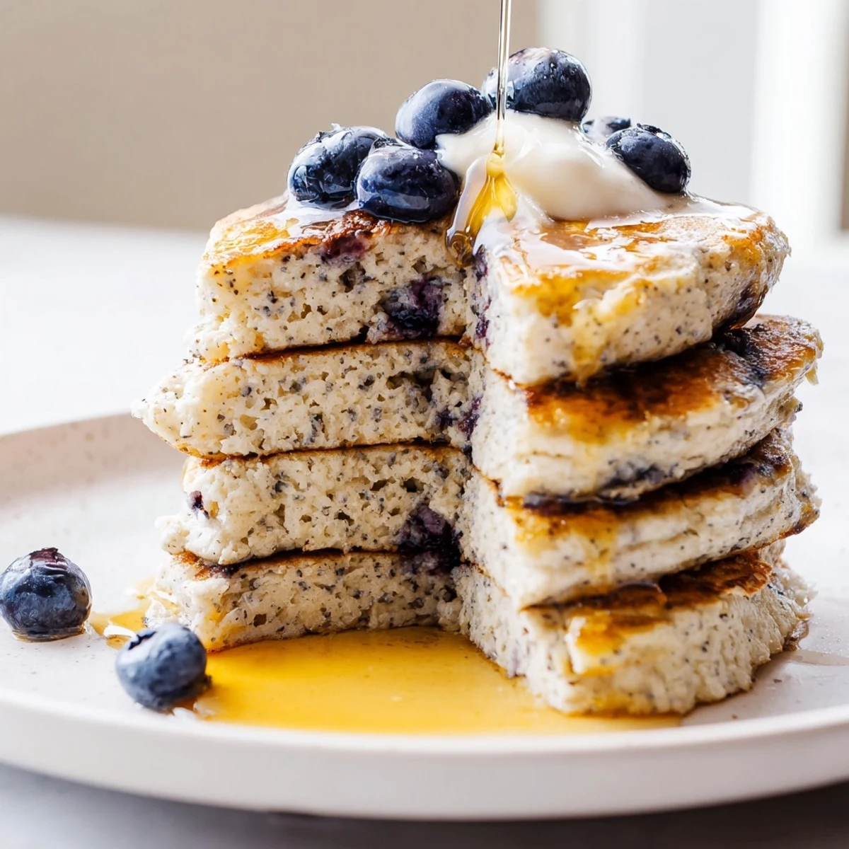 Delicious cottage cheese pancakes, drizzled with maple syrup, sit beside fresh berries and yogurt.