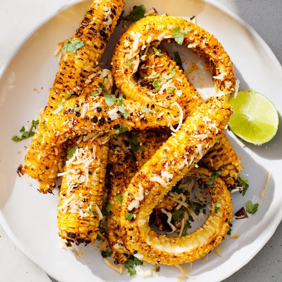 Perfectly roasted cheesy corn ribs with melted cheddar, a zesty lime wedge, and delightful aromas.