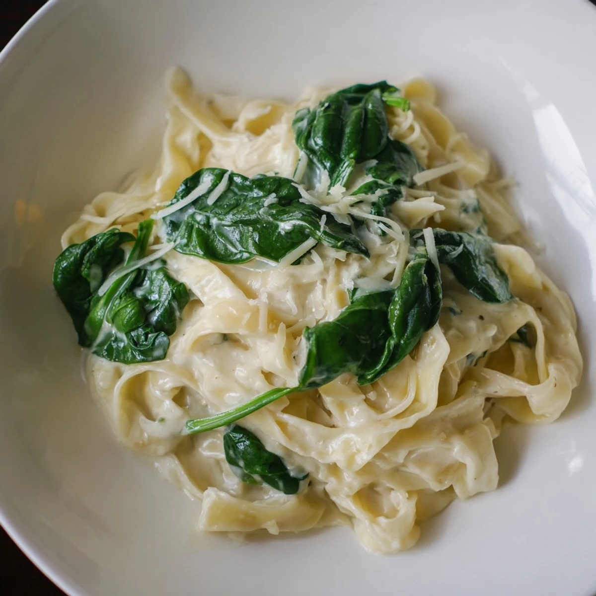 Creamy Garlic Spinach Pasta in a skillet, with wilted green spinach leaves coated in a thick white garlic cream sauce over twisted fettuccine noodles.