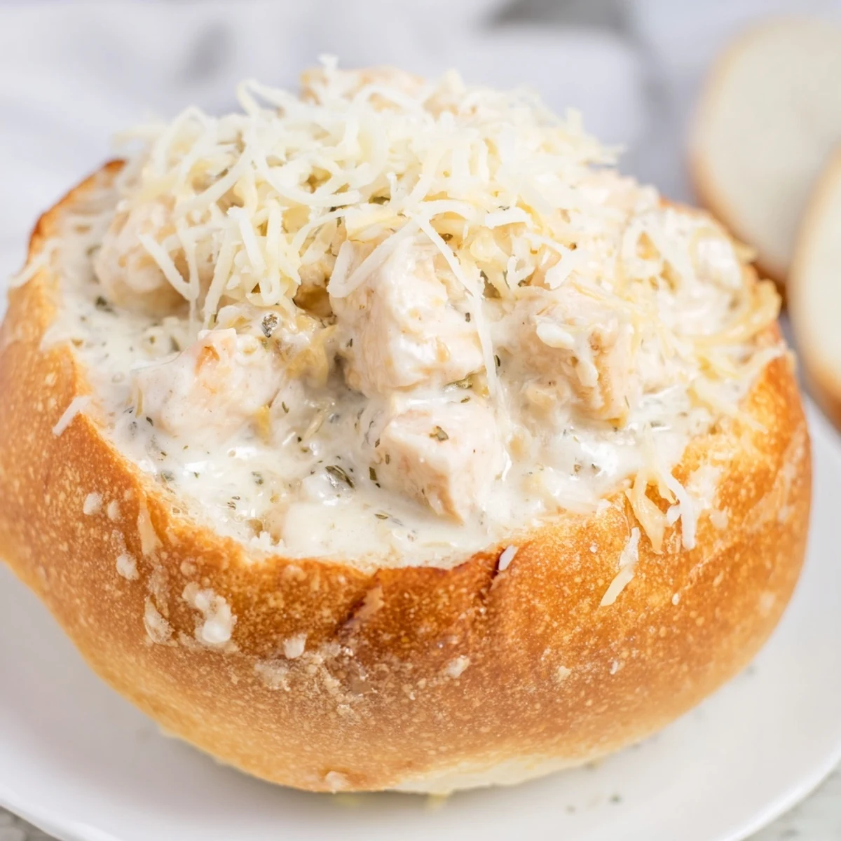 A golden bread bowl filled with creamy Chicken Alfredo, topped with melted Parmesan and fresh parsley.