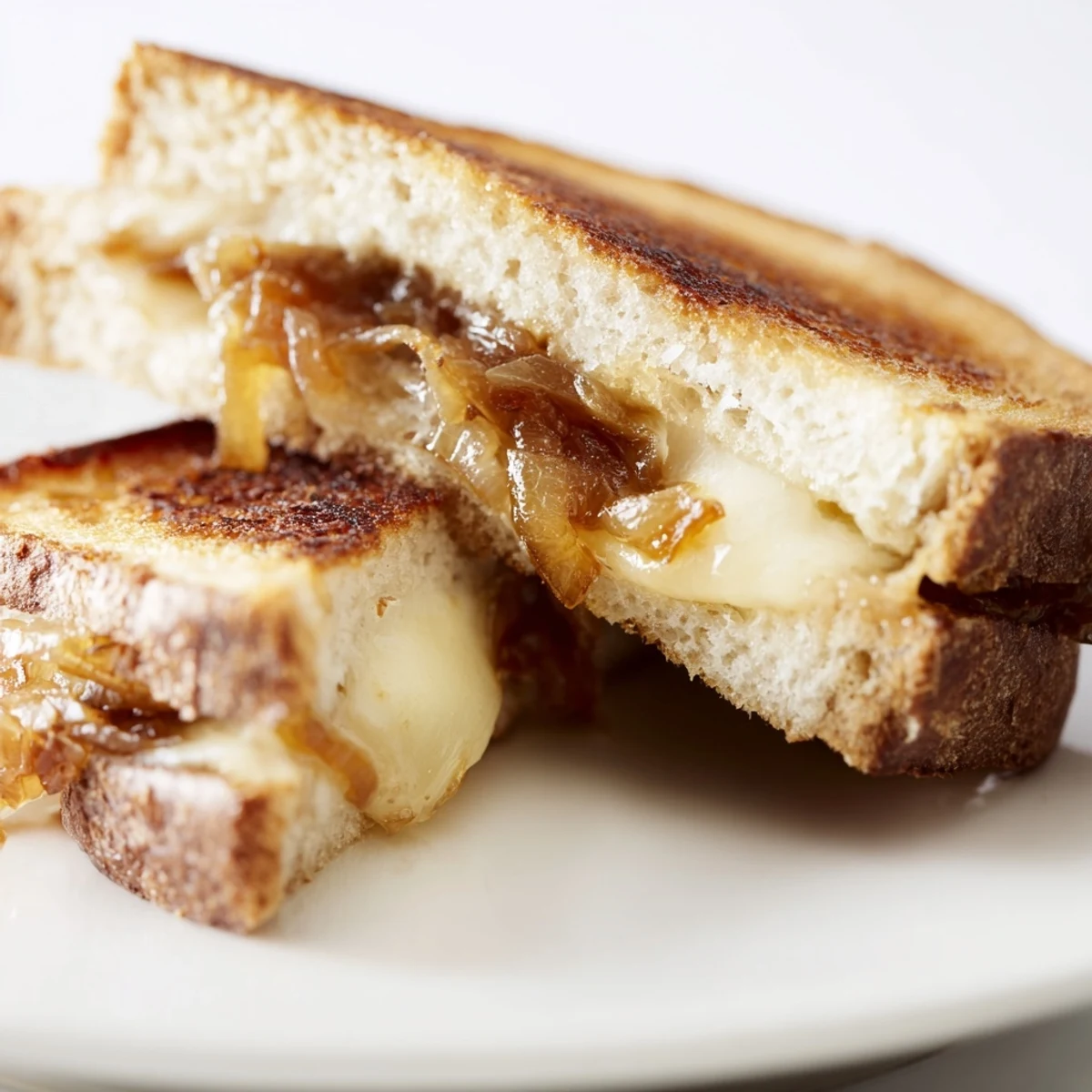 Freshly prepared Caramelized Onion Grilled Cheese showcases golden crust, gooey cheddar, and sweet onions on a rustic ceramic plate.
