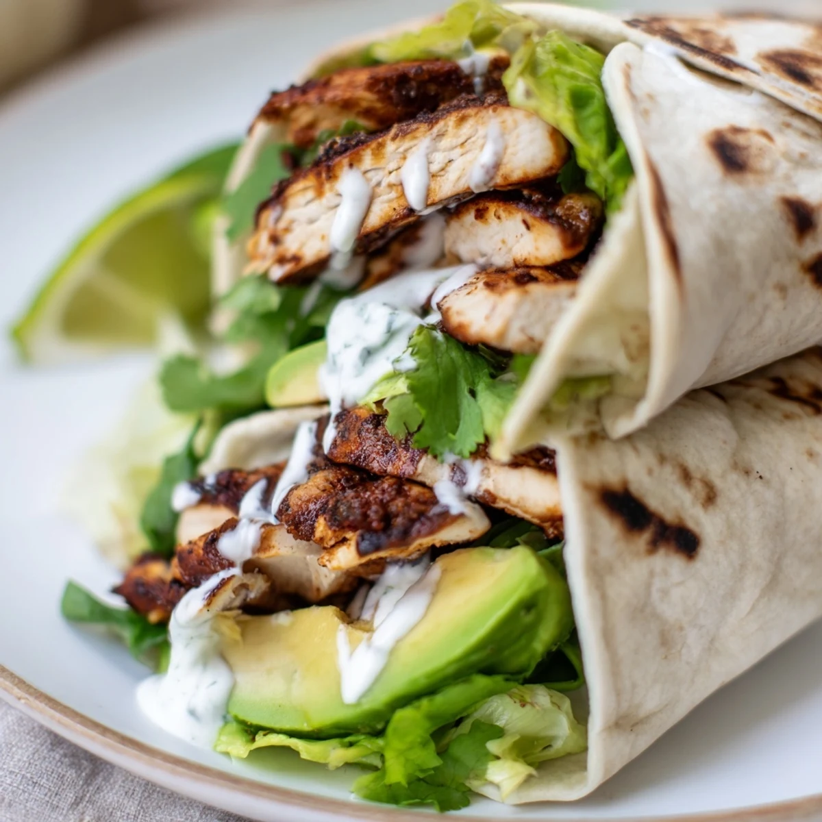 The sliced Smoky Chipotle Chicken Wrap showcases the juicy chipotle-marinated chicken and creamy avocado filling inside a warm, soft flour tortilla.