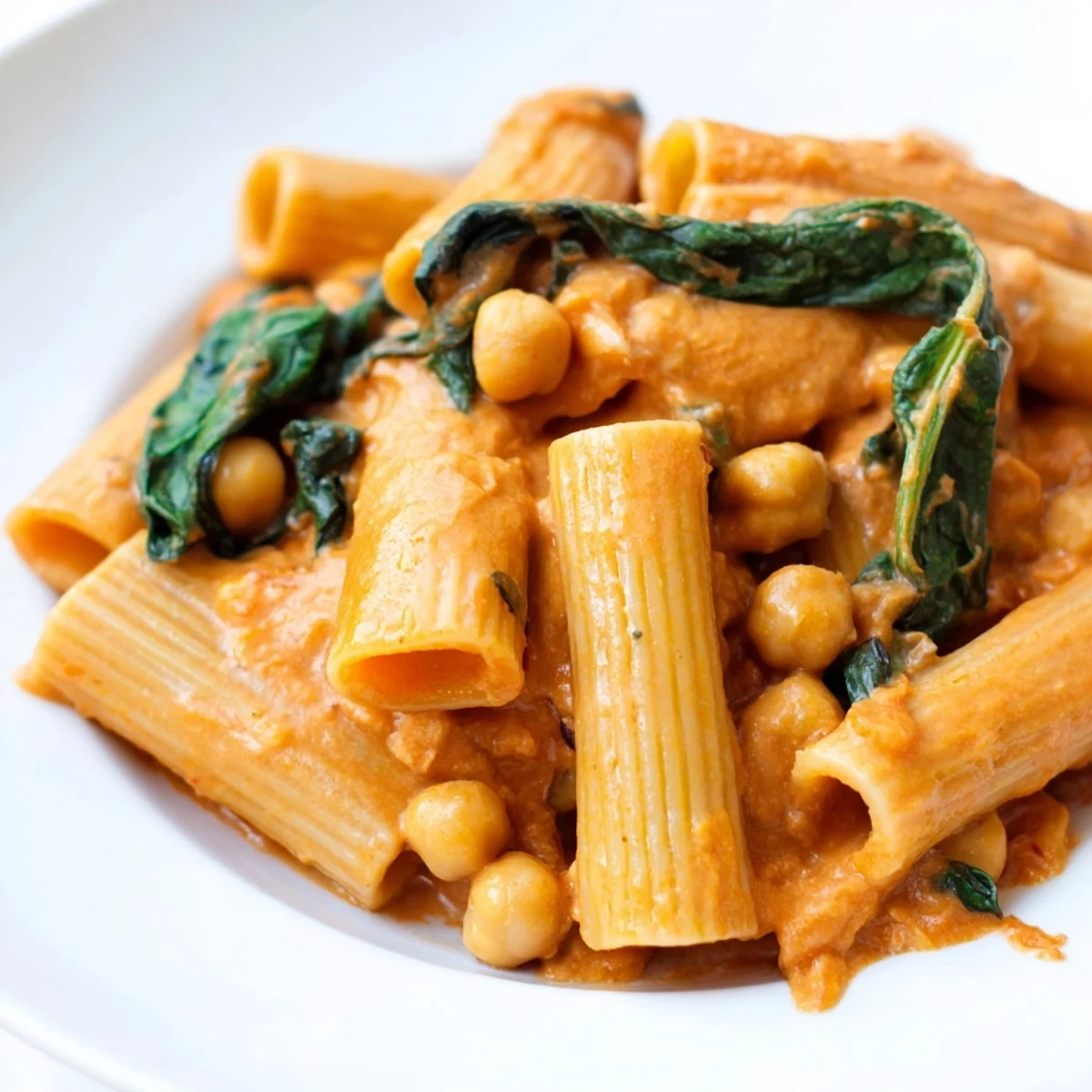 Hearty Creamy Tuscan Chickpea Pasta on a rustic table, garnished with fresh basil and Parmesan, alongside crusty bread for a Mediterranean-style dinner.  