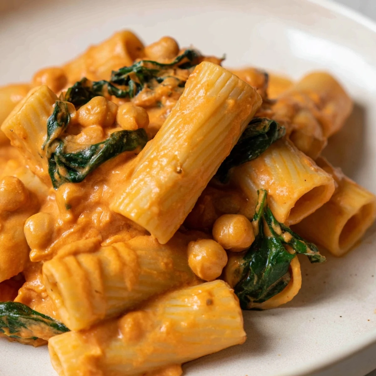 Overhead view of Creamy Tuscan Chickpea Pasta, showcasing tender chickpeas and wilted spinach simmered in a garlic-infused, creamy tomato sauce.