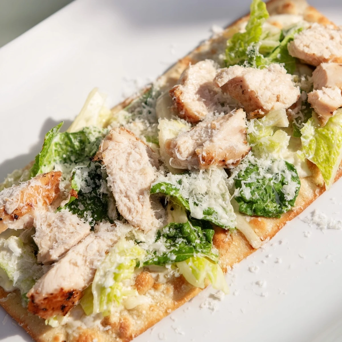 Crisp golden flatbread loaded with tender grilled chicken, fresh romaine, tangy Caesar dressing, and grated parmesan cheese.  