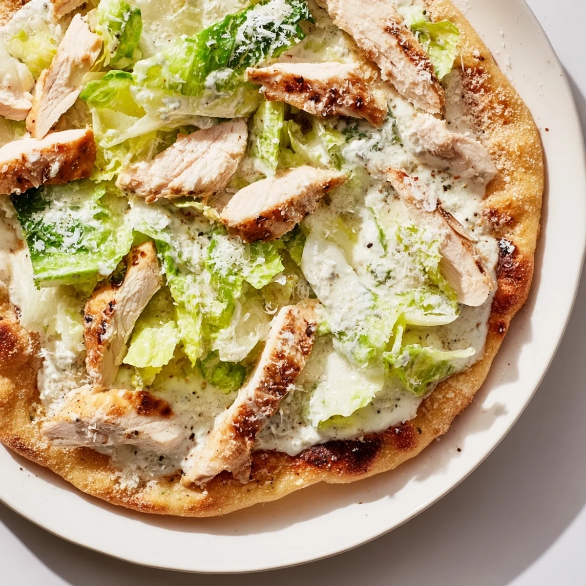 Golden baked flatbread with sliced grilled chicken, fresh romaine, and creamy Caesar dressing for a quick lunch.