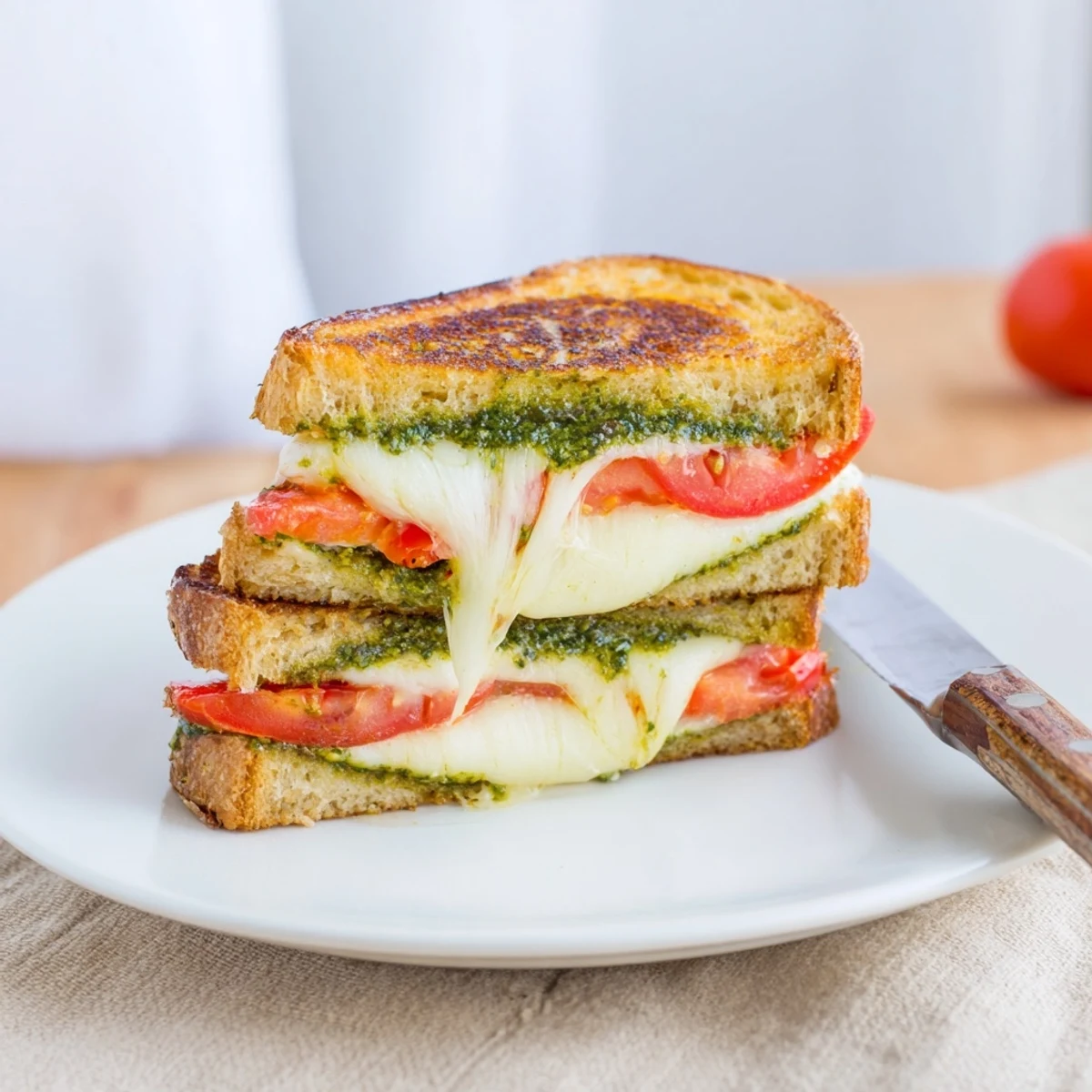 A close-up view of a warm Caprese Pesto Grilled Cheese, cut diagonally to reveal the gooey, melted interior.