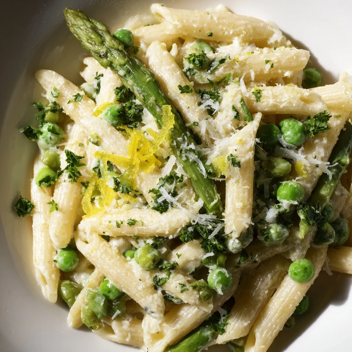A close-up of Garlic Parmesan Spring Vegetable Pasta with penne, bright asparagus, peas, and green beans in a creamy, glossy sauce.