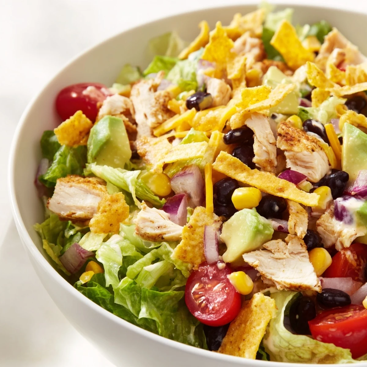 A vibrant bowl of Chicken Taco Chopped Salad with juicy seasoned chicken, crisp lettuce, avocado, and crushed tortilla chips, drizzled with creamy salsa ranch dressing.