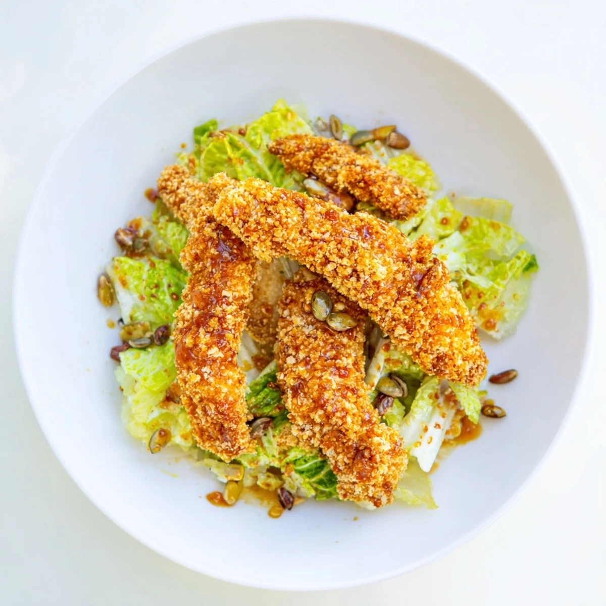 Crispy Hot Honey Chicken Salad features golden fried chicken strips over crisp romaine, drizzled with spicy honey and topped with crunchy mixed seeds.