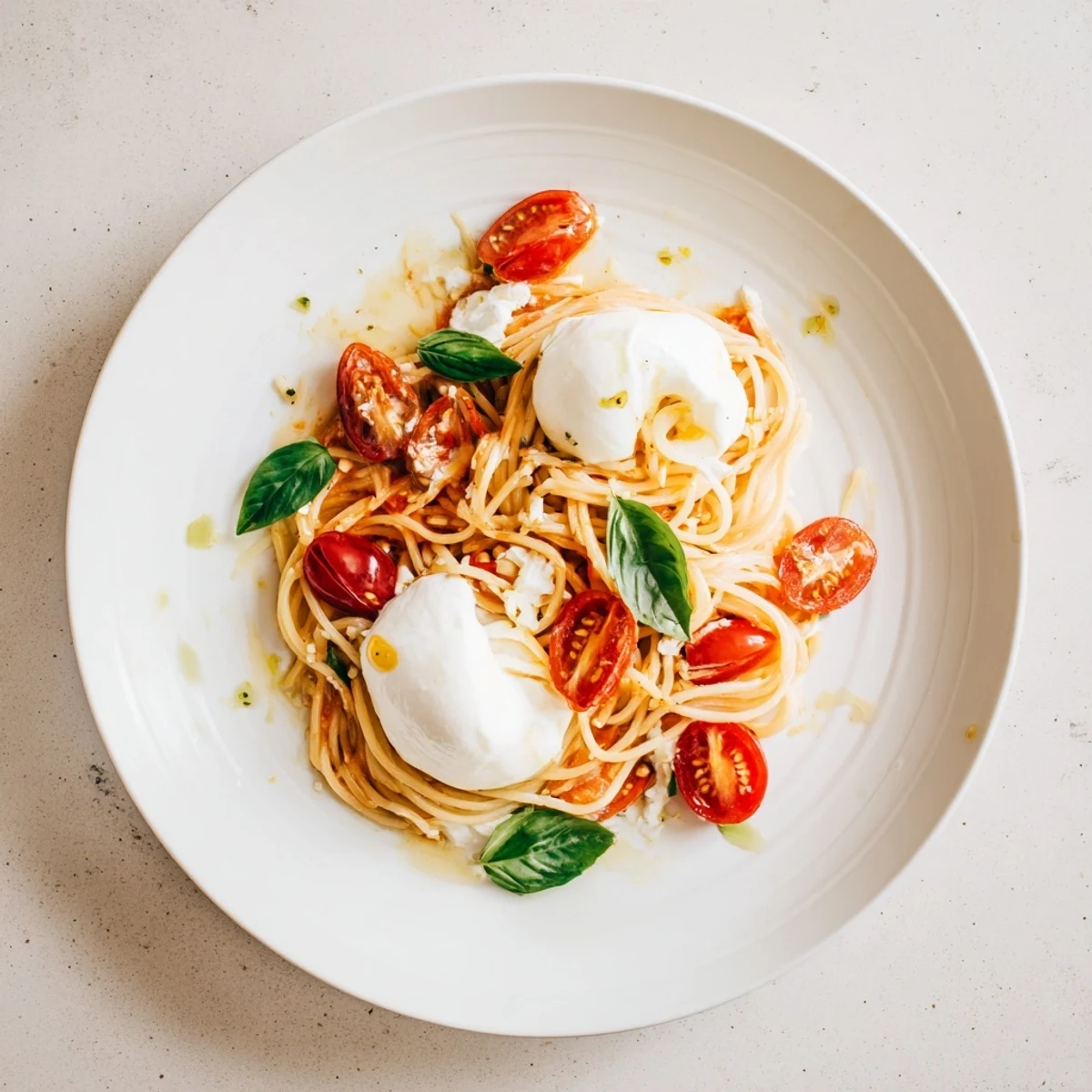 A vibrant plate of Burrata Caprese Pasta with juicy cherry tomatoes and torn fresh basil.  