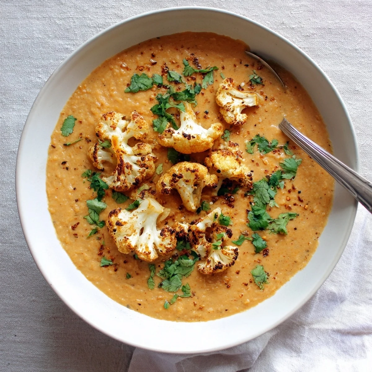 A bowl of fragrant red lentil dhal topped with golden cumin-roasted cauliflower florets, finished with fresh cilantro.