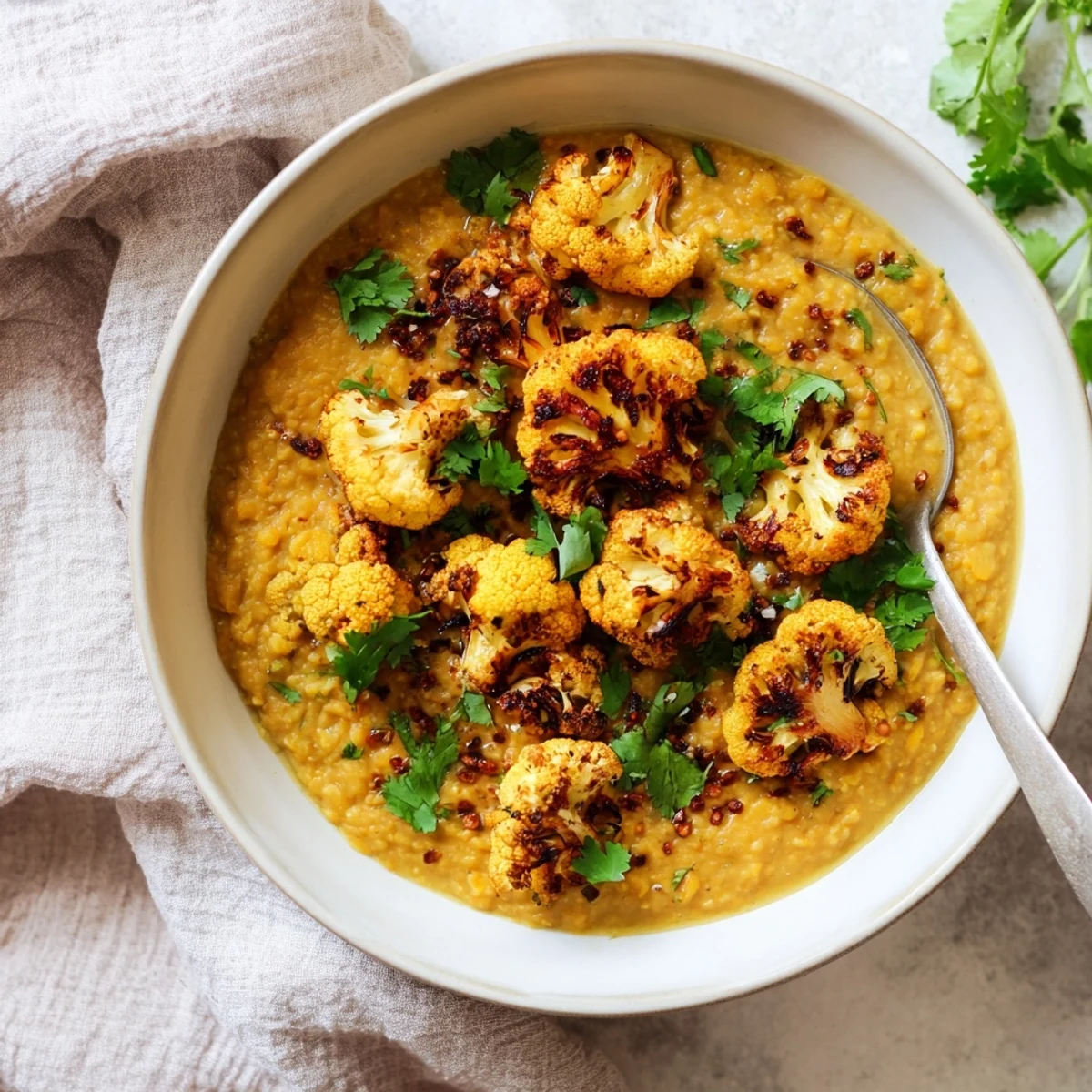 Vegan red lentil dhal with spiced roasted cauliflower, garnished with cilantro and bright lemon for a satisfying meal.