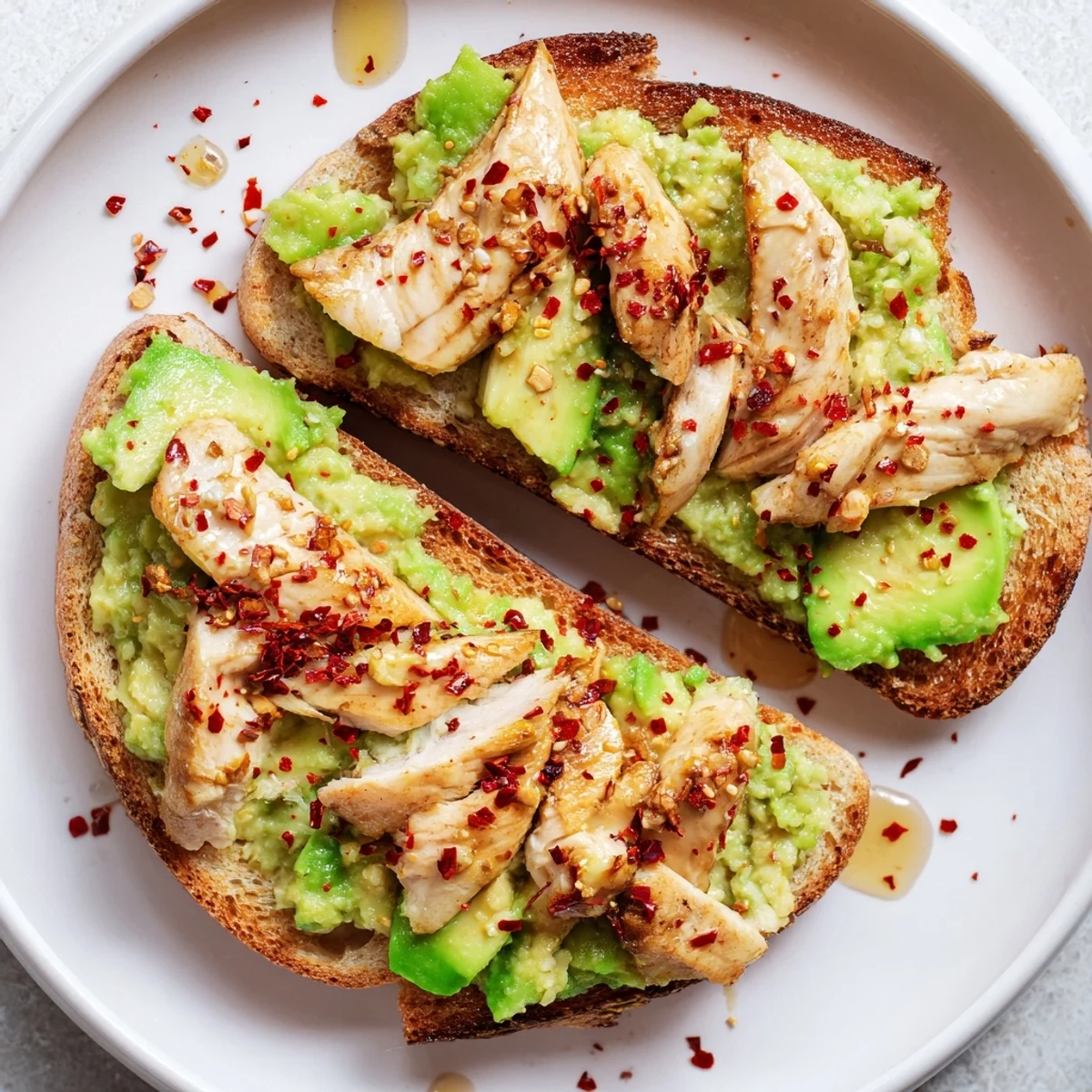 Golden, crispy sourdough toast piled high with juicy grilled chicken, creamy smashed avocado, chili flakes, and a honey drizzle.  