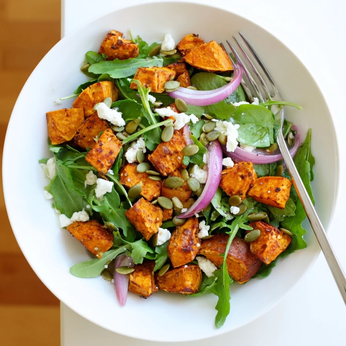Golden roasted sweet potato salad with arugula, feta, and a bright honey-lime dressing.