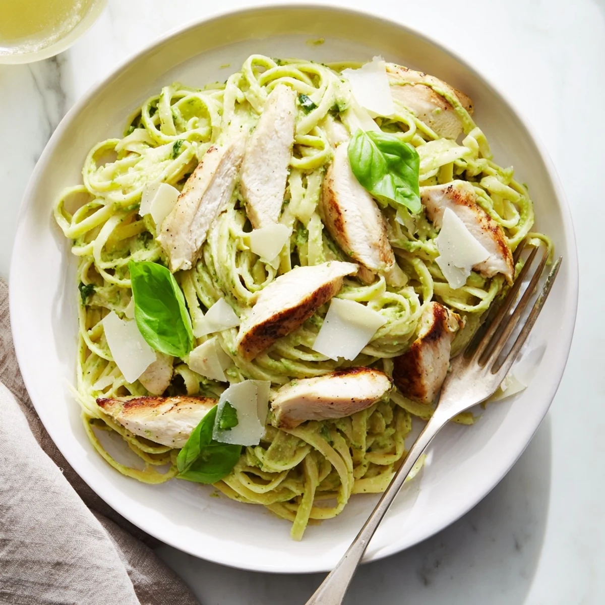 Creamy avocado chicken pasta served in a white bowl, topped with fresh basil and grated Parmesan.