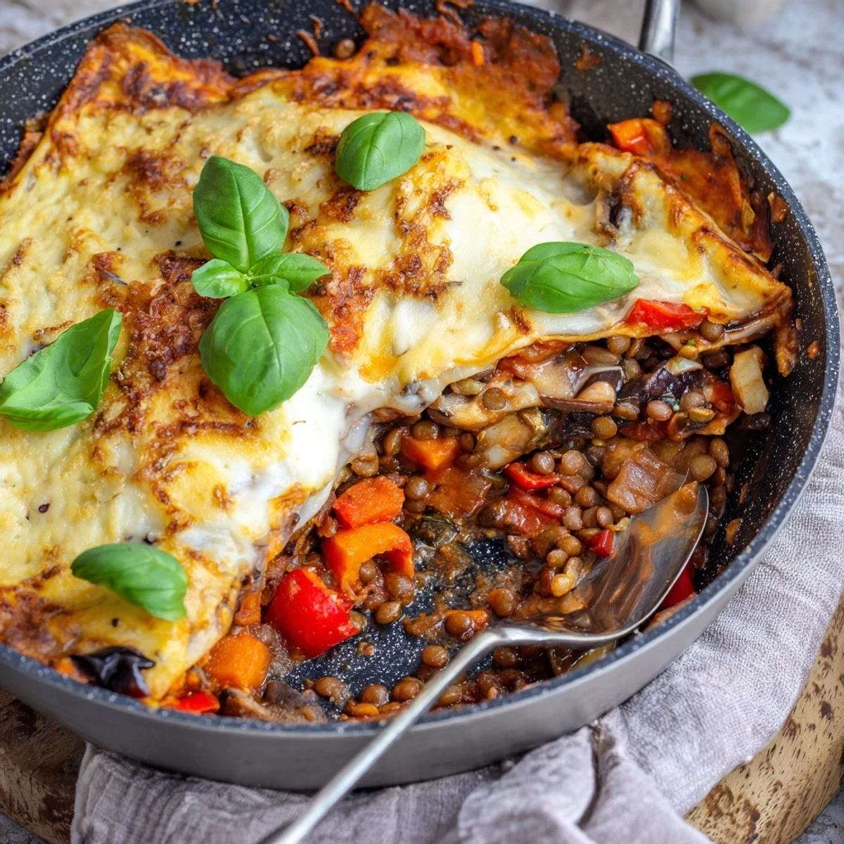 A single serving of hearty One-Pan Smoky Veggie Lentil Lasagne on a white plate, showcasing the rich, smoky layers of lentils, mushrooms, and courgettes.  