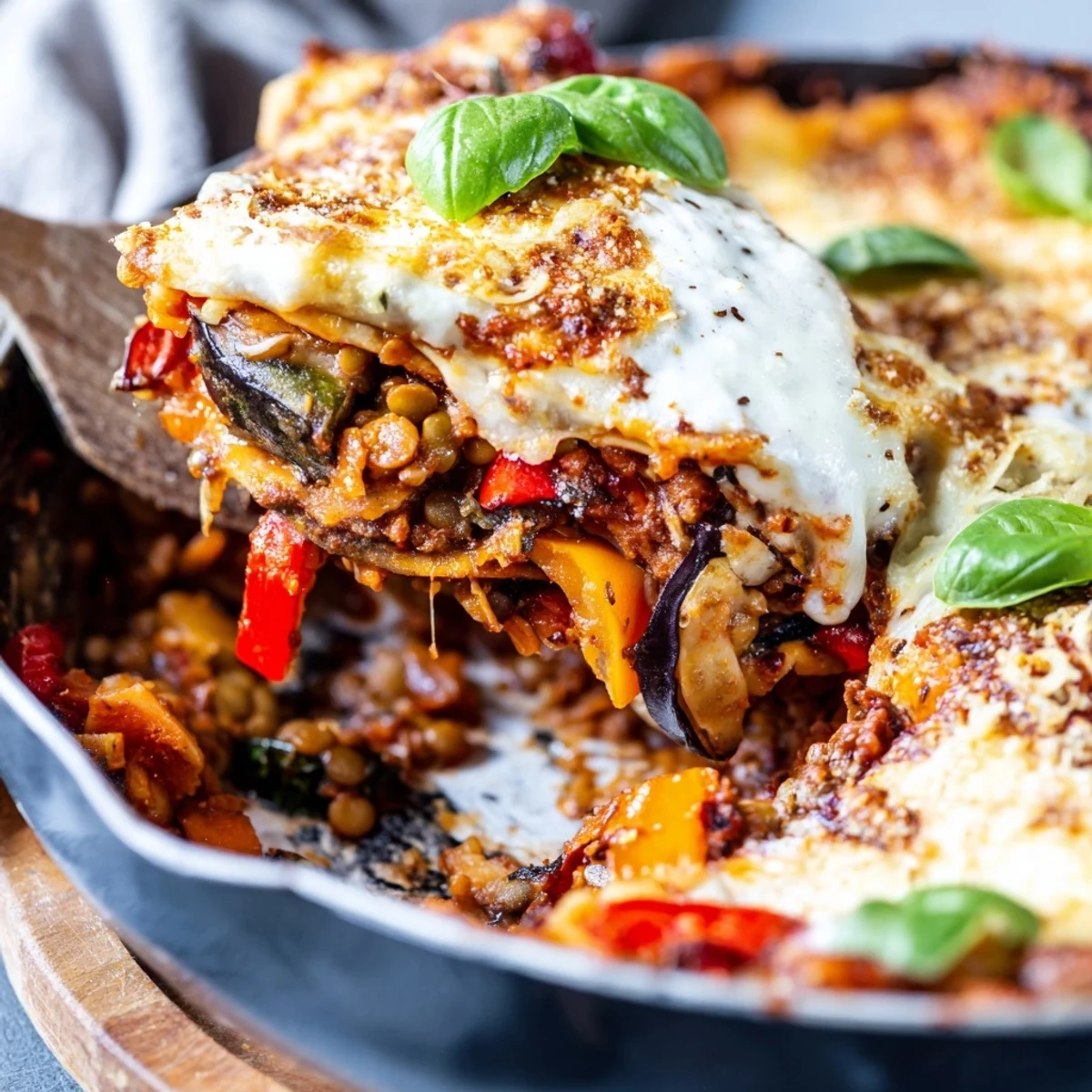 One-Pan Smoky Veggie Lentil Lasagne bubbling in a cast-iron skillet, with steam rising from the golden, cheesy top layer.