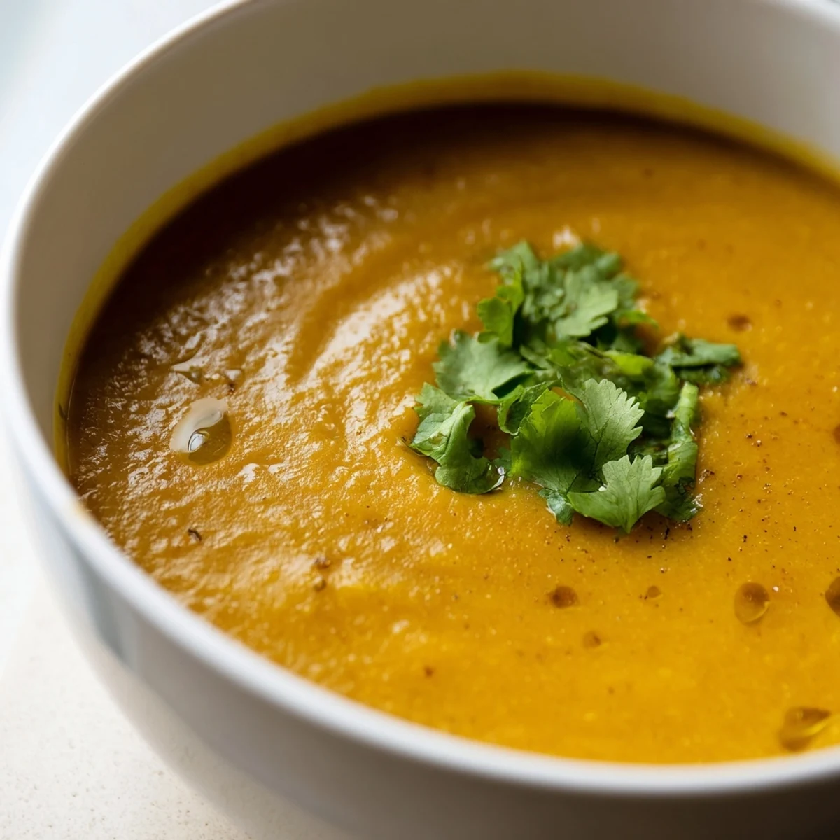 Creamy butternut squash and lentil soup served in a rustic bowl, garnished with fresh cilantro and a lemon wedge for a vibrant, hearty meal.  