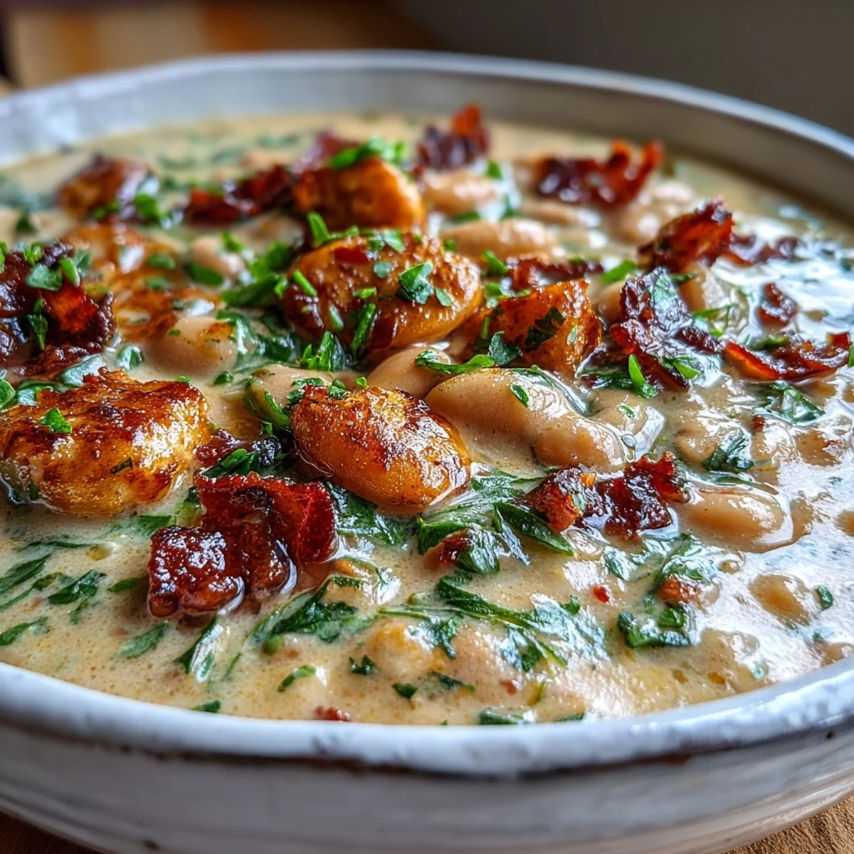 Velvety Creamy Tuscan White Bean Soup simmering in a rustic pot, garnished with crispy pancetta and a drizzle of olive oil.